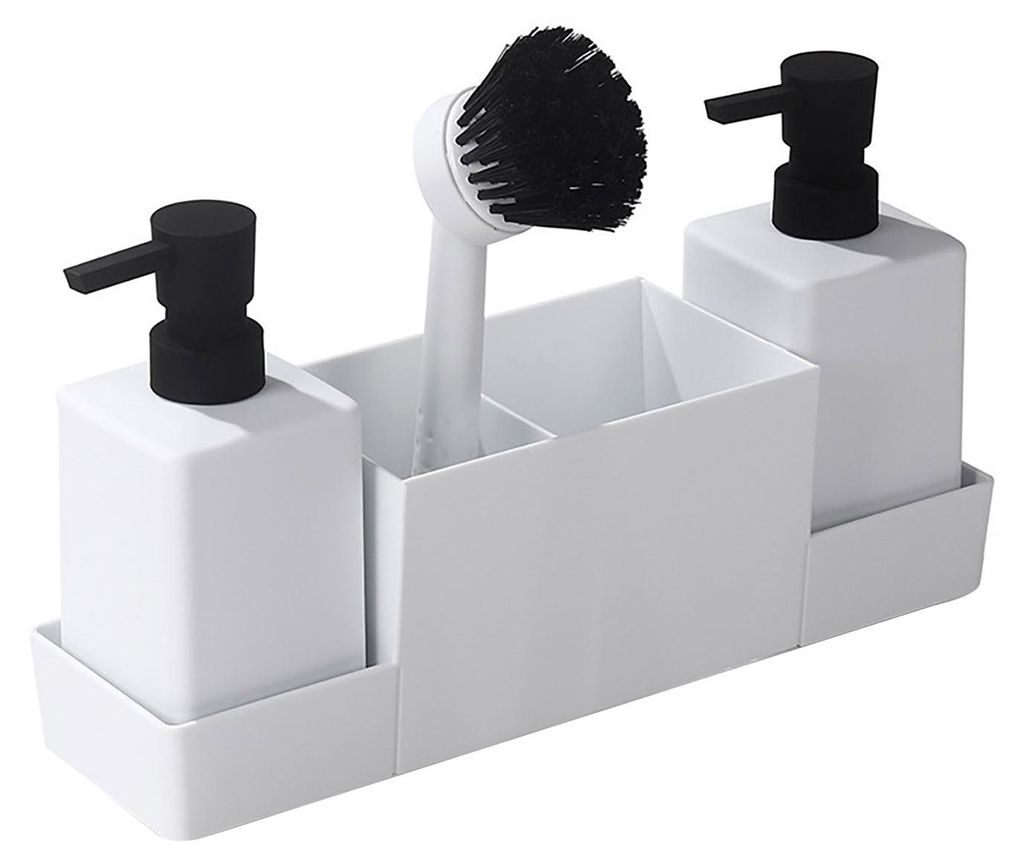 Multifunktionales Bad-Organizer-Tablett mit 2 Seifenspendern, Reinigungsbürste, Küchenarbeitsplatte, Spülmittelflaschenhalter, Schwammhalter