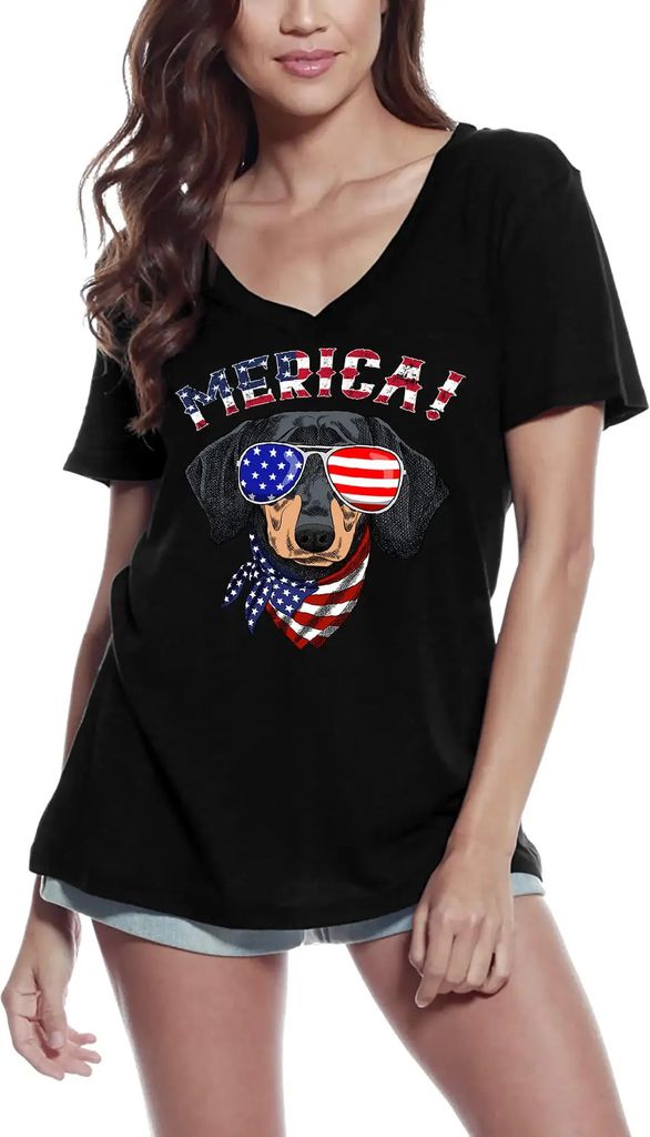 Damen Grafik T-Shirt V-Ausschnitt Merica - uns niedlichen Hund Shirt - amerikanische Flagge – Merica - Us Cute Dog Shirt - American Flag