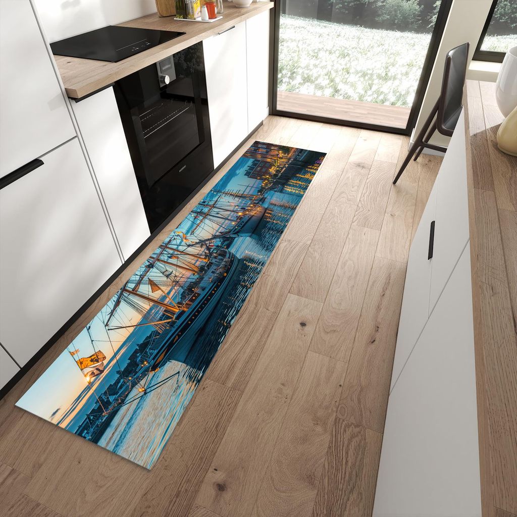 Küchenteppich 60x240cm rutschfest & abwischbar PVC Läufer - Schiffe im Hafen
