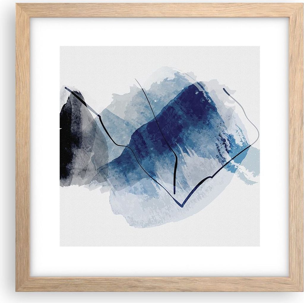 Gerahmtes Poster - Rahmen in heller Eiche - Blau Schwarz Abstraktion - 30x30 cm - Wand Bild - Wanddeko - Wandbilder - Kunstposter - Wandposter - Bi...