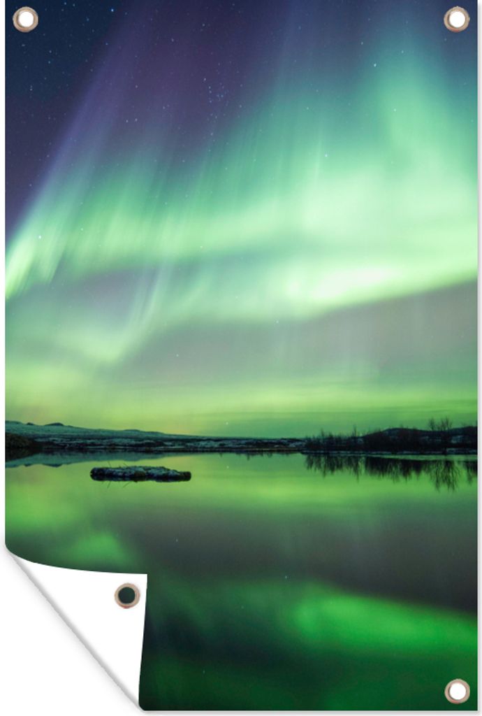 MuchoWow 40x60 cm Outdoor-Poster Gartendeko Sichtschutz Garten Poster für den Garten Nordlicht - See - Island - Grün - Wald - Schnee