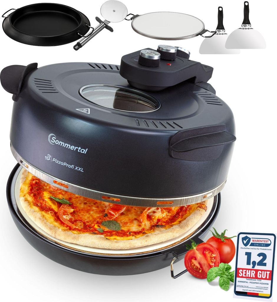 A pizza oven with accessories and ingredients, presented in a product shot.