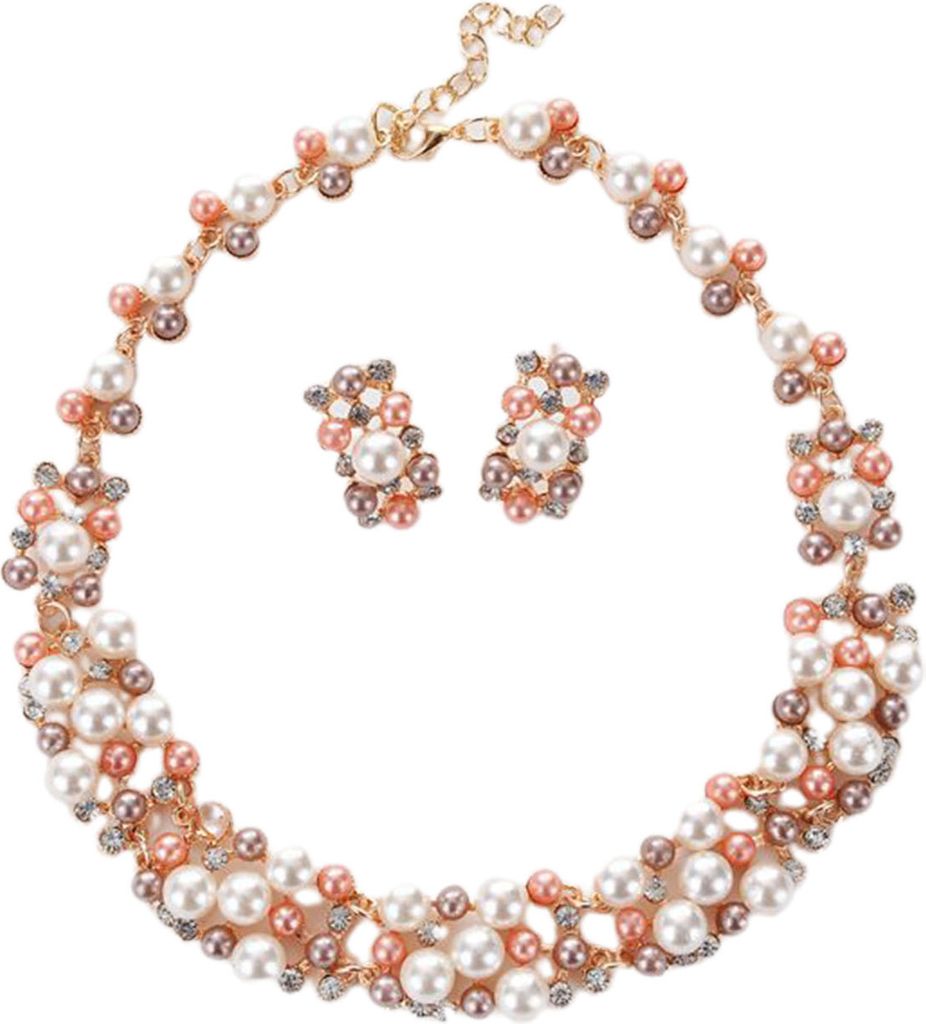 2 Teile/satz Hochzeit Schmuck Set Imitation Perle Multi Farbe Royal Glatte Oberfläche Frauen Halskette Ohrringe Set Weiblichen Zubehör-Mehrfarbig