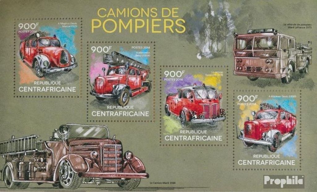 Briefmarken Zentralafrikanische Republik 2014 Mi 4820-4823 Kleinbogen (kompl. Ausgabe) postfrisch Feuerwehrauto