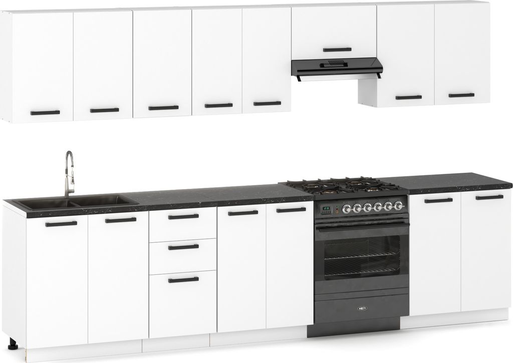 A modern white kitchen unit with a black countertop, sink, faucet, and stove.