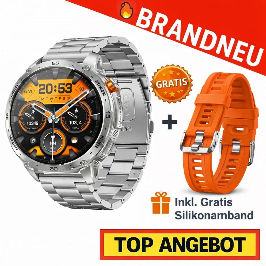 ZEUS 2.0 Smartwatch Herren Damen Fitness Tracker Puls SpO2 GPS Bluetooth IP68: Silber (inkl. Silikon-Armband in Orange)