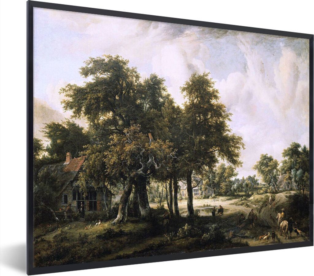 MuchoWow MuchoWow Gerahmtes Poster Bewaldete Landschaft mit Bauernhäusern - Gemälde von Meindert Hobbema 40x30 cm - Poster mit zchwarzem Bild...