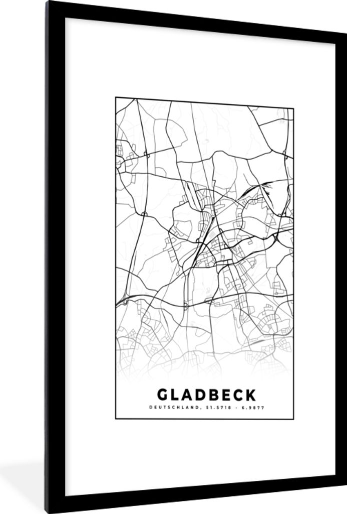 MuchoWow Gerahmtes Poster Karte - Stadtplan - Gladbeck - Karte 60x90 cm - Poster mit Schwarzem Bilderrahmen Wandposter Rahmen Foto Bilder - Dekor...
