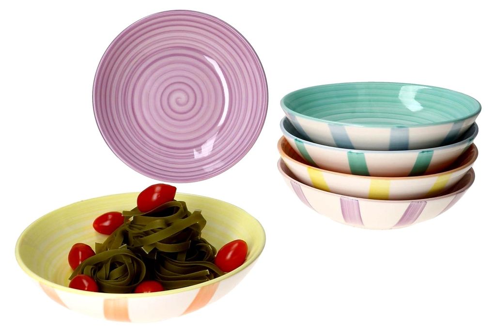 Suppenteller Set mit Pastellstreifen für 6 Personen | 600 ml | Steingut-Teller