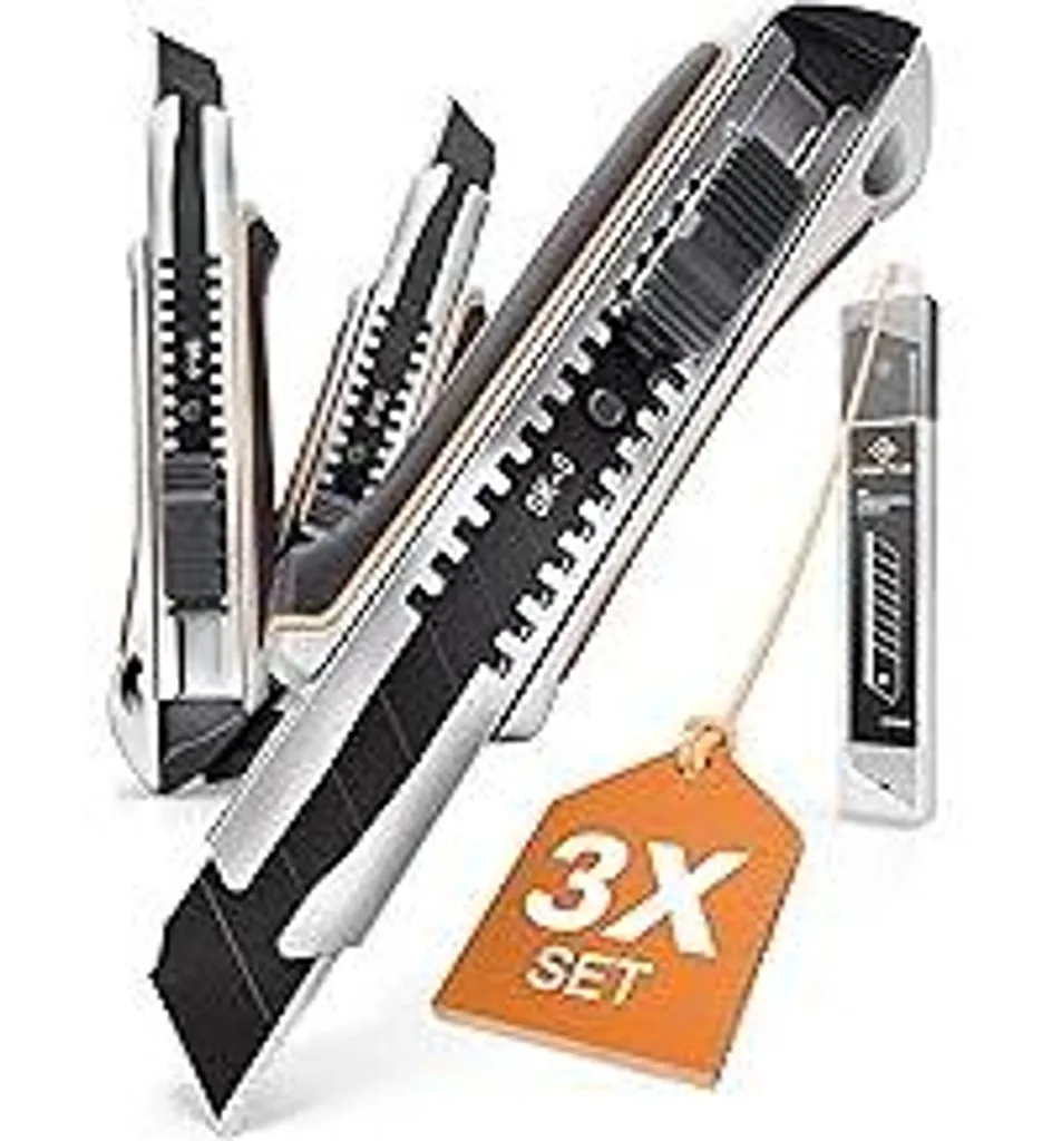 Set di taglierini CRAFTUSProfi [3 pezzi] in alluminio per una durata massima, robusti taglierini per moquette con 10 lame a spezzare Acciaio al carbonio SK5 da 18 mm, per hobbisti e professionisti