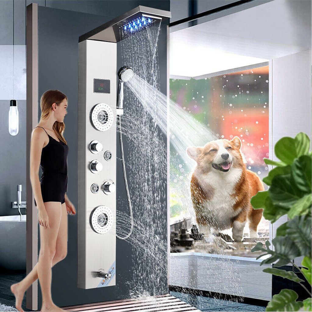 A woman stands next to a modern shower panel while a happy corgi dog stands in a shower with water falling.