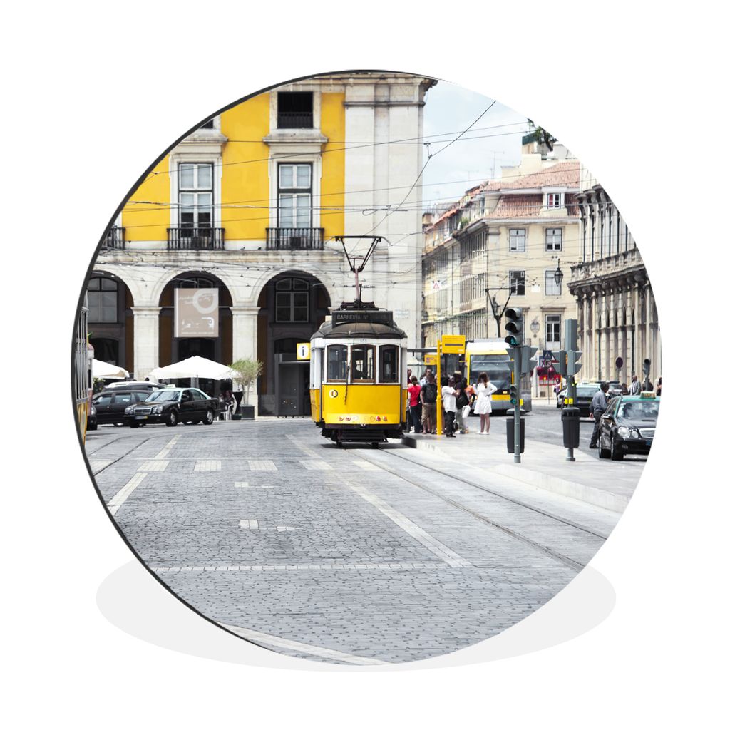 MuchoWow Aluminium Wandkreis Die beiden gelben Straßenbahnen im Zentrum von Lissabon Ø 60 cm Wanddeko Modern Wohnzimmer - Wand Kreis - Wandbild...
