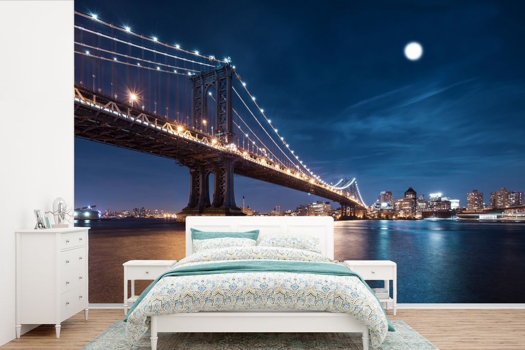 MuchoWow Fototapete für Wohnzimmer oder Schlafzimmer Wandtapete Vinyl Motivtapete New York - Manhattan - Mond - 525x350 cm - Das Hintergrundbild