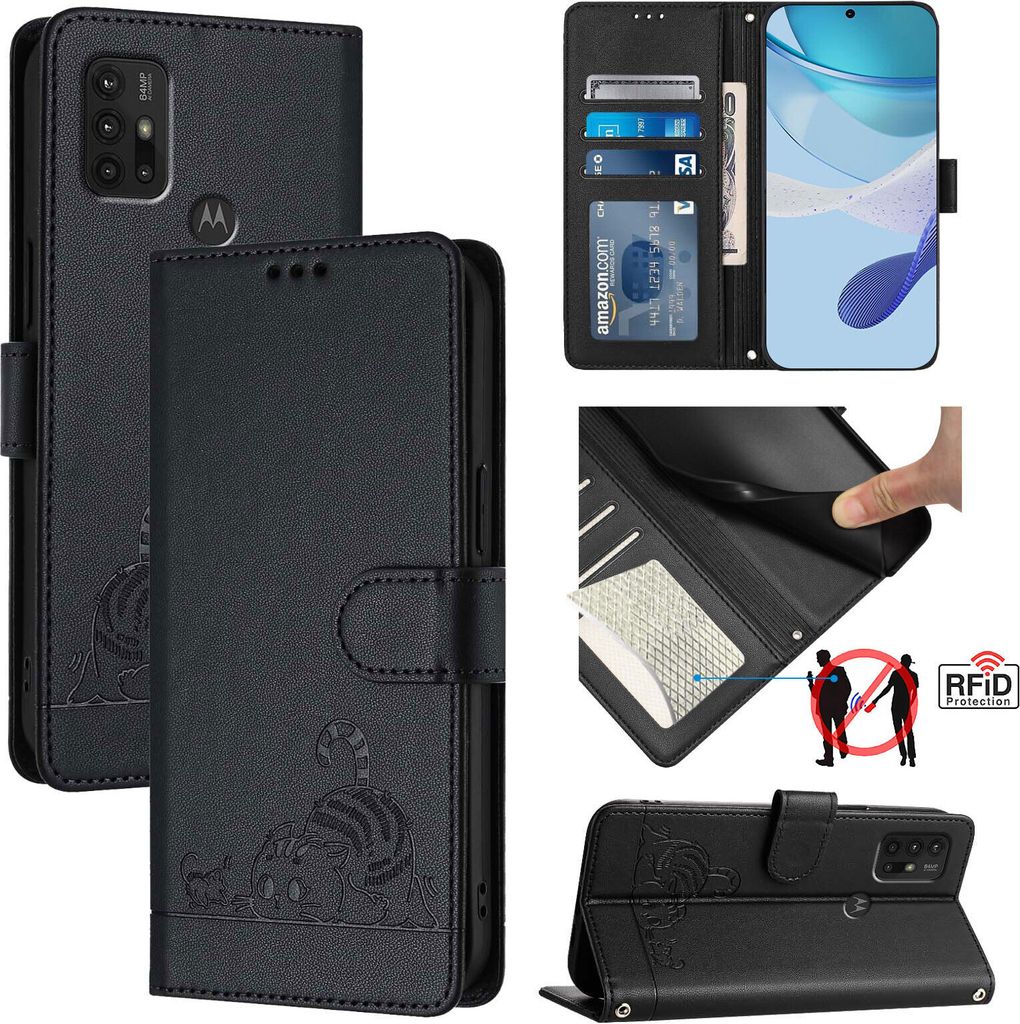 Leder Hülle für Motorola Moto G30/G20/G10/G10 Power Süße Katze Flip Case Brieftasche Schutzhülle mit Standfunktion Schwarz