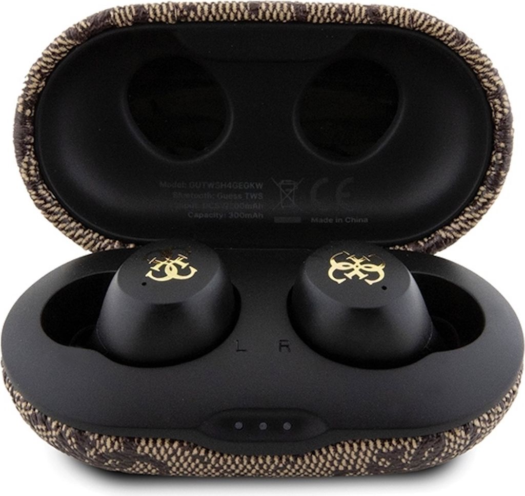 An open charging case for Guess earphones, showing the earphones inside.