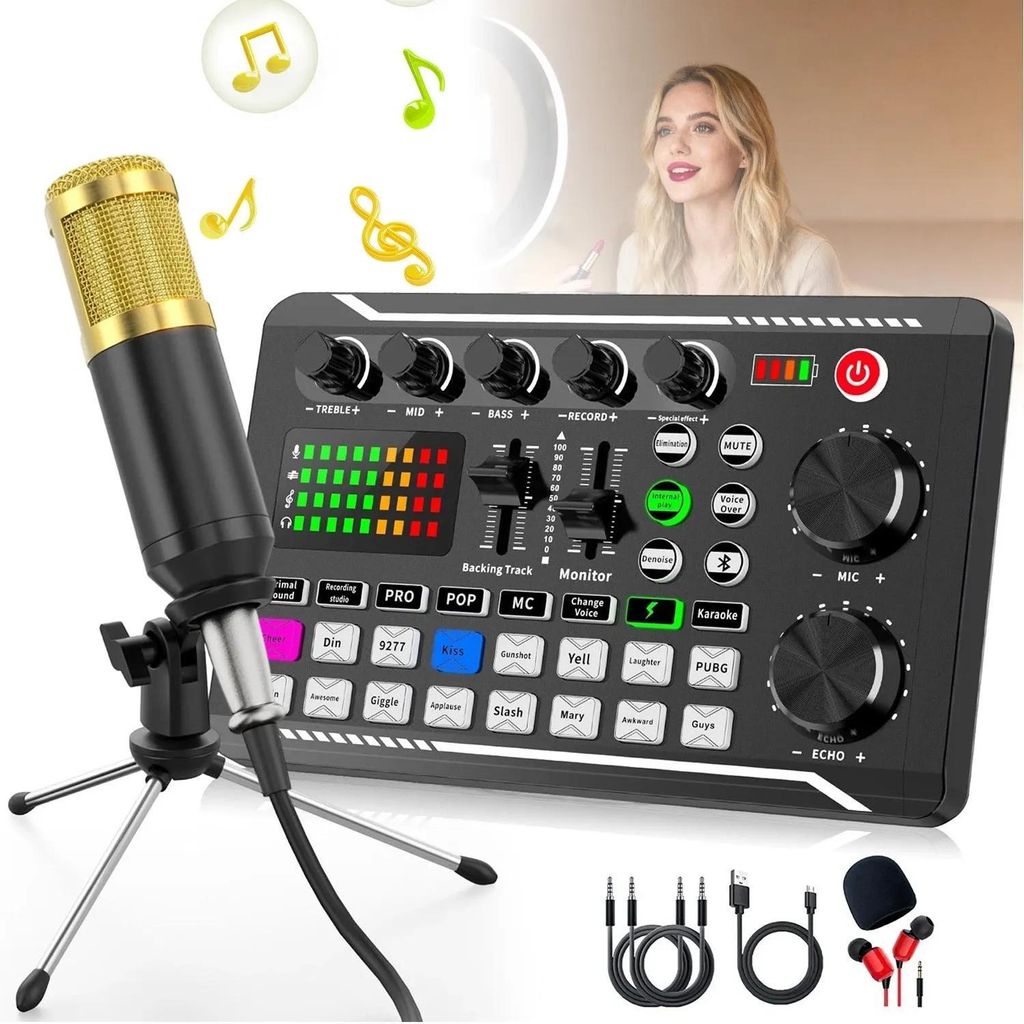 Kondensator Mikrofon Set mit Arm & Soundkarte – Ideal für Podcast, Streaming & Gaming, F998+Schwarz