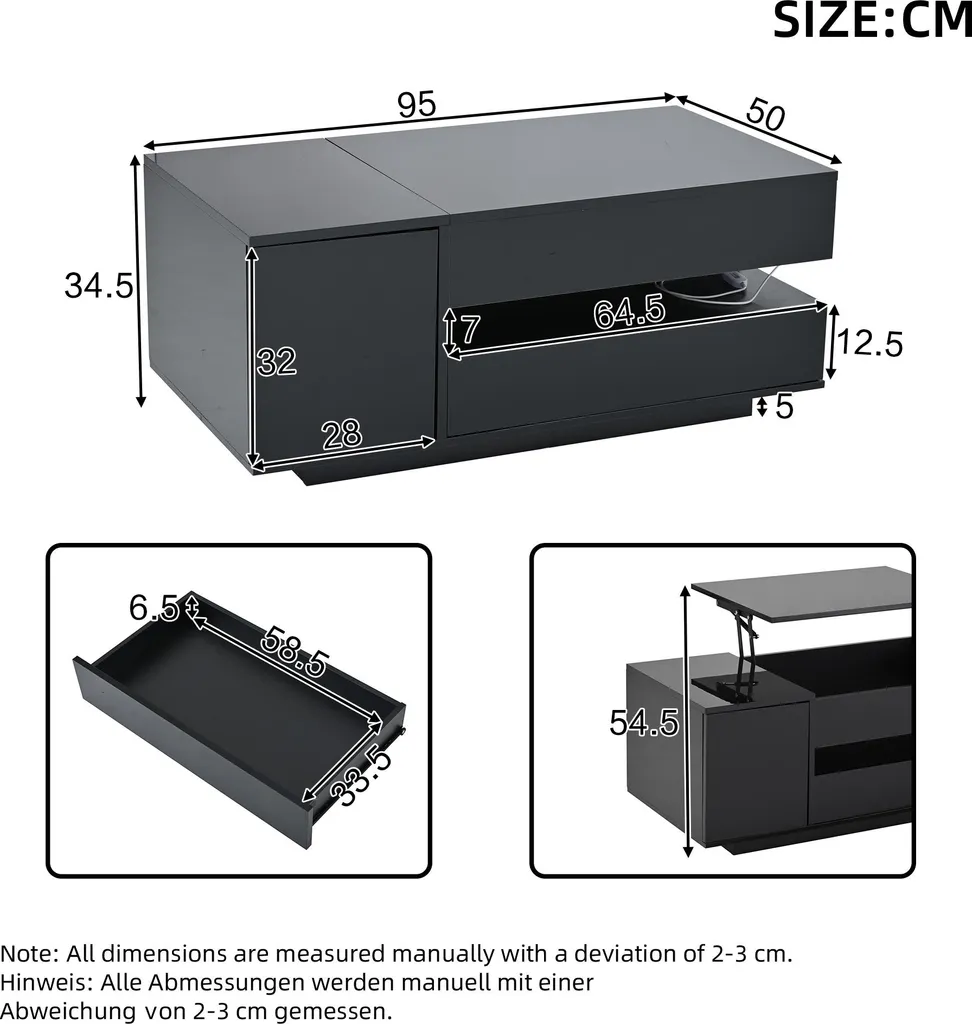 Table Basse Haute Brillance Relevable avec LED et Coffre de Rangement - 9