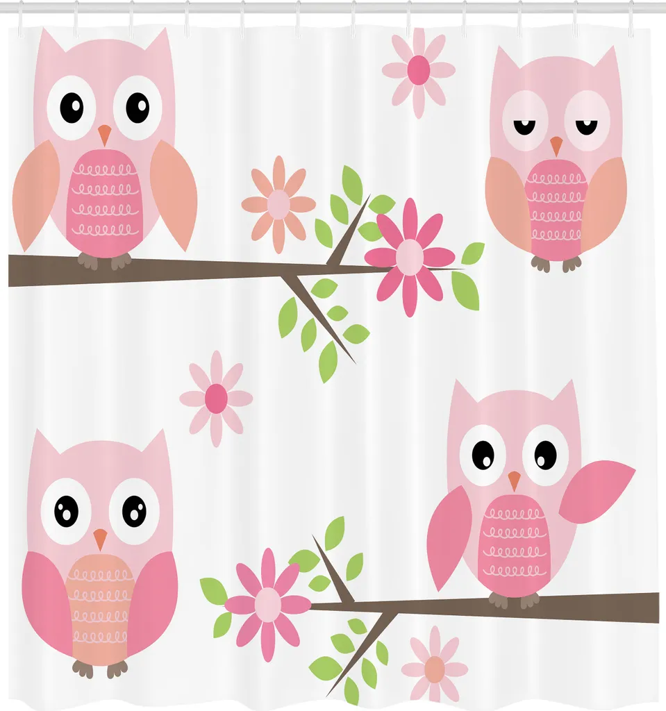 Rideau de douche pour salle de bain enfant motif hiboux vert et rose