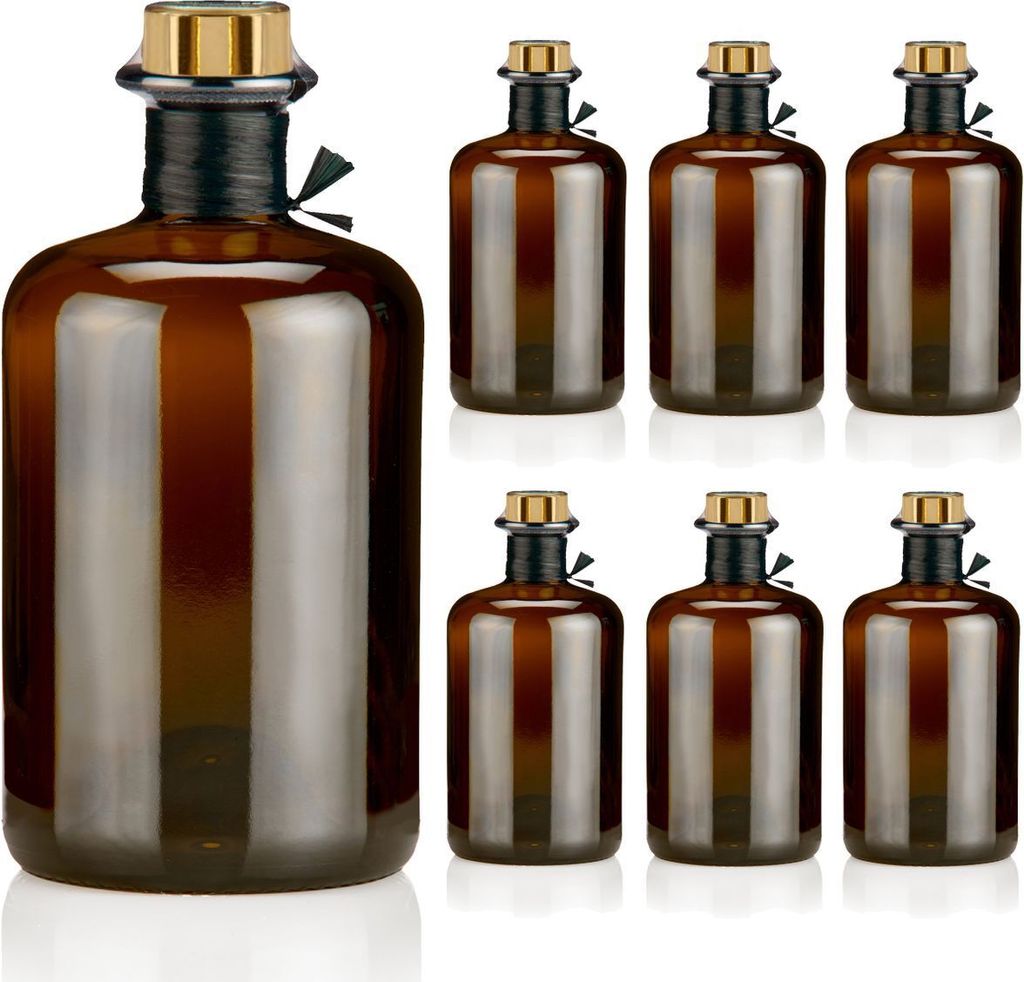 Apothekerflasche braun 500ml mit Korken, Flaschenkapseln & Bastband, 6 Braunglas Flaschen 0,5L leer Korken gold Siegel schwarz