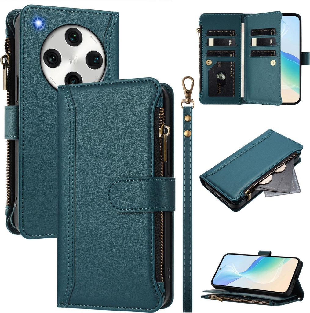 Handyhülle für Oppo Find X8 Pro Reißverschluss Geldbörse Kunstleder Klapphülle mit Kartensteckplatz, Ständer, Handschlaufe Grün