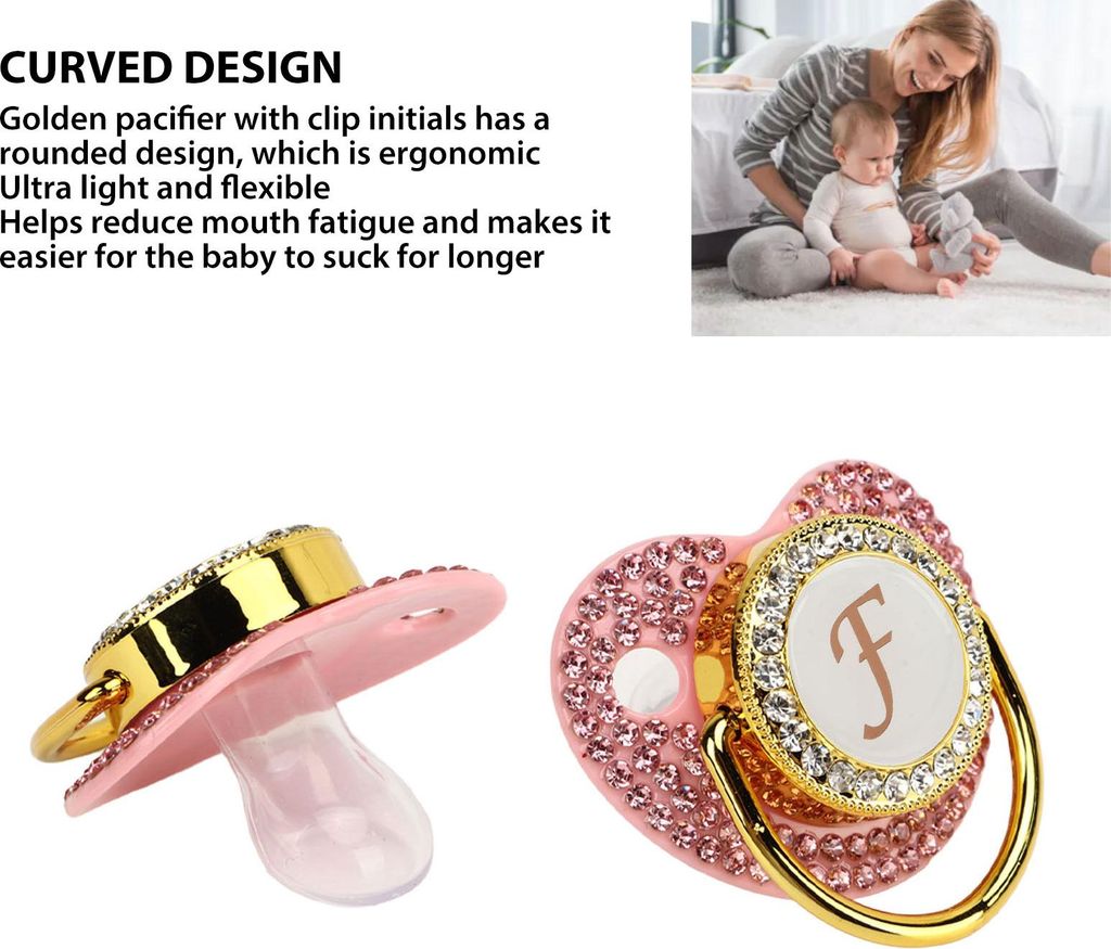 Goldener Baby-Schnuller mit Strasssteinen, gebogenes Design, Silikon für Milchpulver-Fütterung, Buchstabe F