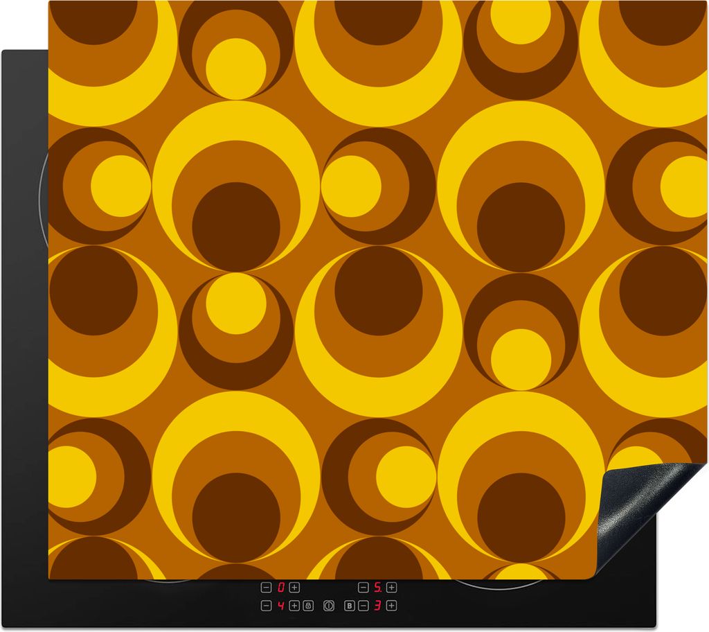KitchenYeah Herdabdeckplatte Muster - Retro - Braun - Gelb , 59x52cm, Küche Deko, Ceranfeld Herdabdeckung, Abdeckplatte fùr Kochfeld