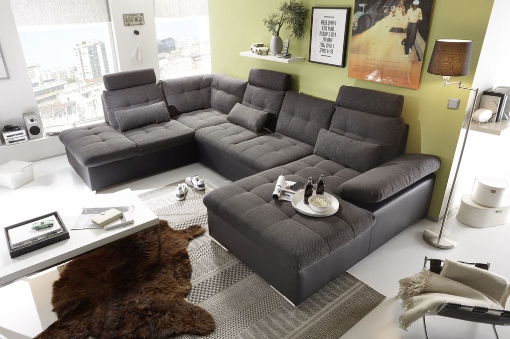 Couch "Jakarta" Wohnlandschaft Sofa Lederlook Schlaffunktion Schlafsofa dunkelgrau grau Ottomane links 324 cm