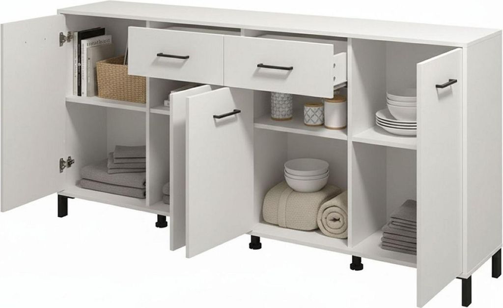 Dmora Kommode Grondona 183x40x90h cm Weiß, 4 Regale, 2 Schubladen