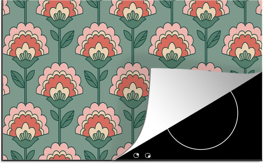 KitchenYeah Herdabdeckplatte Blumen - Retro - Muster , 81x52cm, Küche Deko, Glaskeramikfeld Herdabdeckung, Abdeckplatte fùr Kochfeld