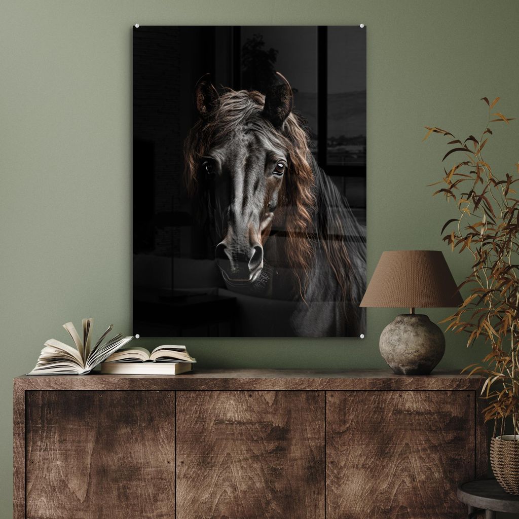 MuchoWow Glasbilder - Bilder auf Wandbild - Foto auf Glas Pferd - Porträt - Schwarz - Tier 60x80 cm Wanddekoration aus Glas - Acrylglasbild - Acry...