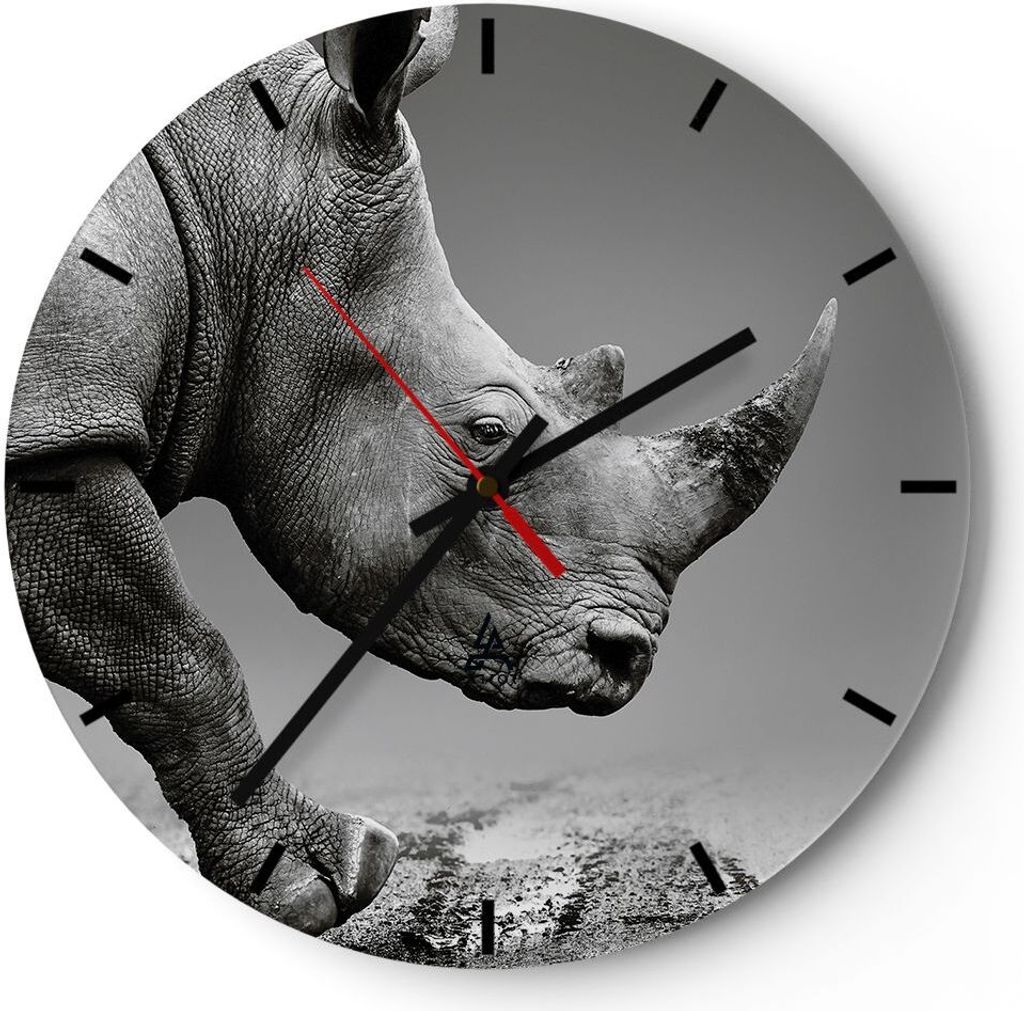 Wanduhr - Rund - Glasuhr - Nashorn Monochrom Tier - 30x30cm - Schleichendes Uhrwerk - Lautlos - zum Aufhängen bereit - Dekoration Modern - Wanddek...