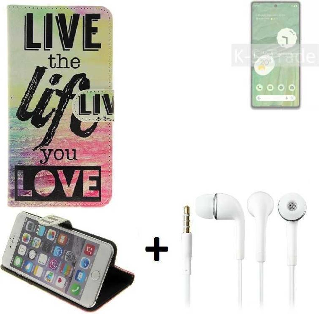 K-S-Trade Schutz Hülle kompatibel mit Google Pixel 7 360° Wallet Case ''live life love'' Tasche Handy Hülle Etui Smartphone Flip cover