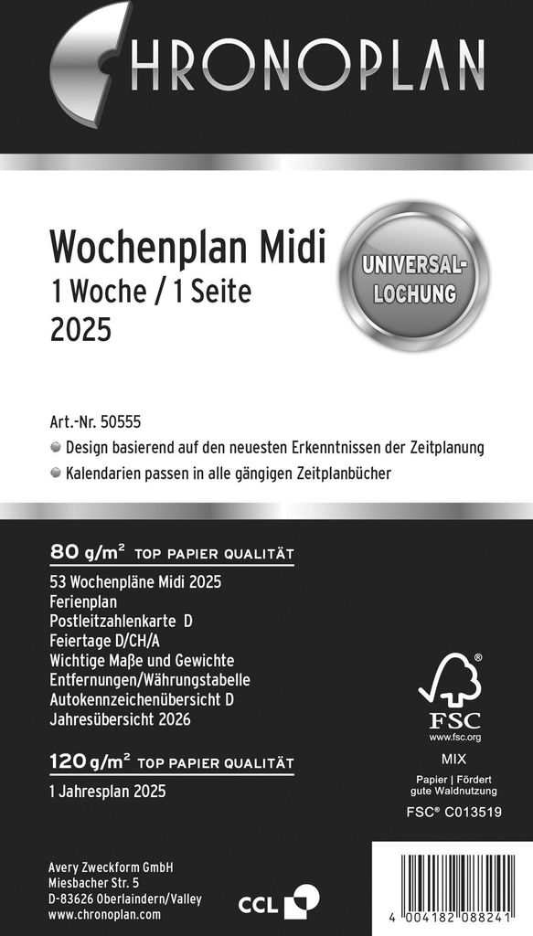 CHRONOPLAN Kalendereinlage 2025 Wochenplan Midi (9,6 x 17,2 cm)