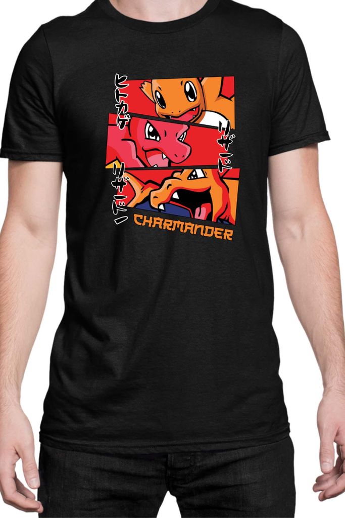 Herren T-Shirt Japan Manga Anime Comics Animation Pokeball Charmander Evolutions, Man 5XL / Schwarz