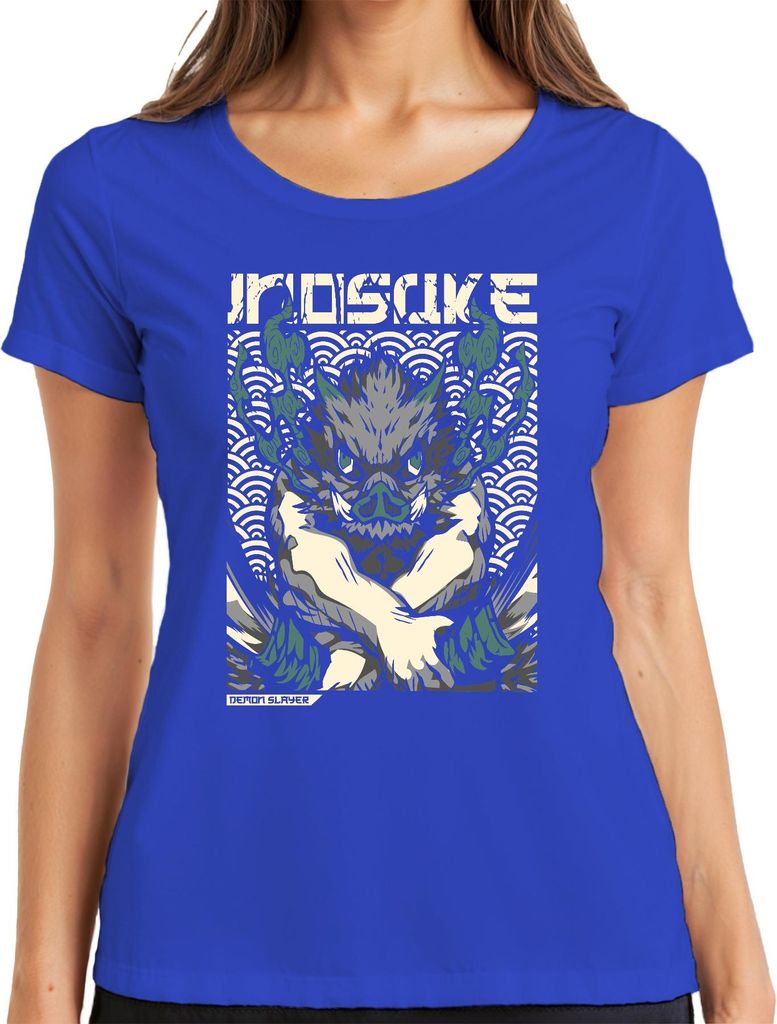 Inosuke Demon Slayer Wildschwein Maske Anime Geschenk Japan Y2K Streetwear Damen T-Shirt, Blau, L