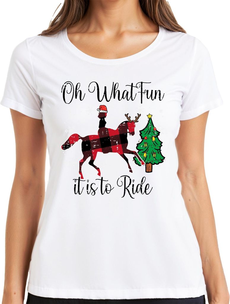 Oh What Fun Tis To Ride Weihnachten Pferd Rentier Buffalo Plaid Damen T-Shirt, Weiß, M