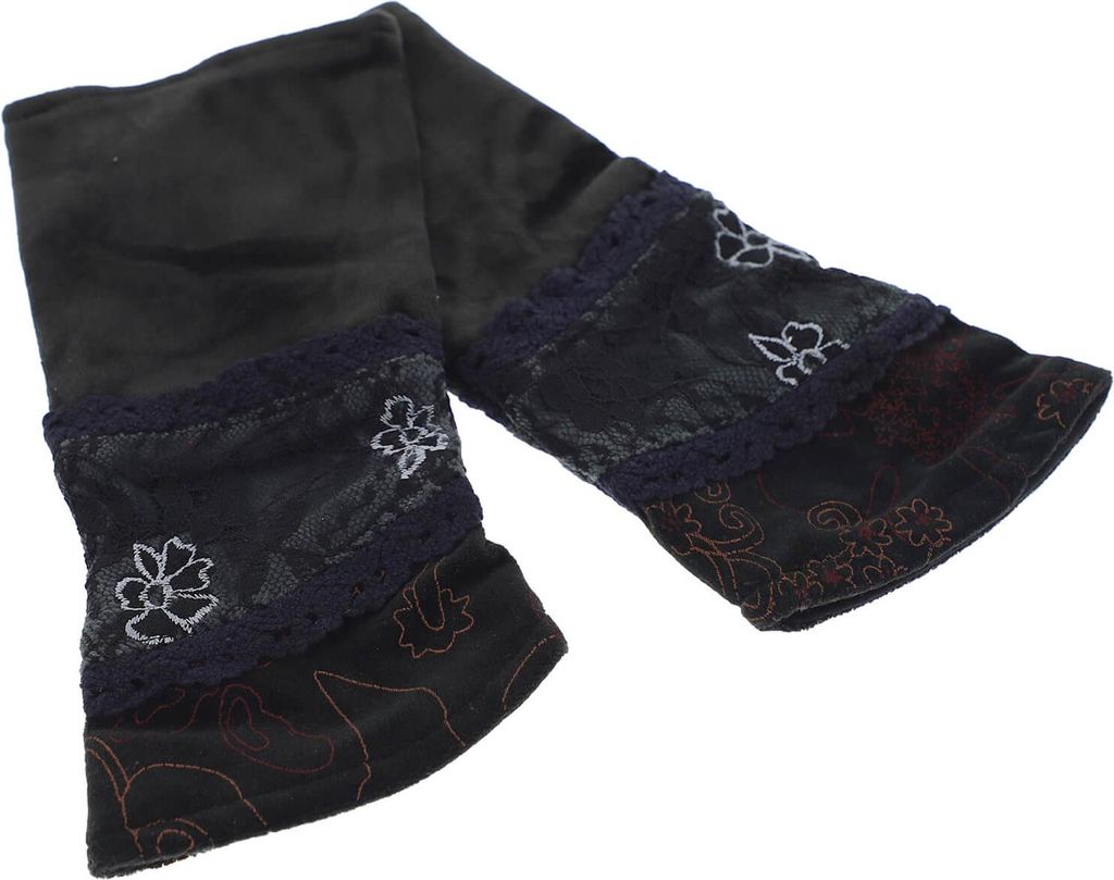 Kunst und Magie Damen Samt Armstulpen Stulpen Handwärmer Handschuhe mit Spitze, Farbe:Black / Schwarz