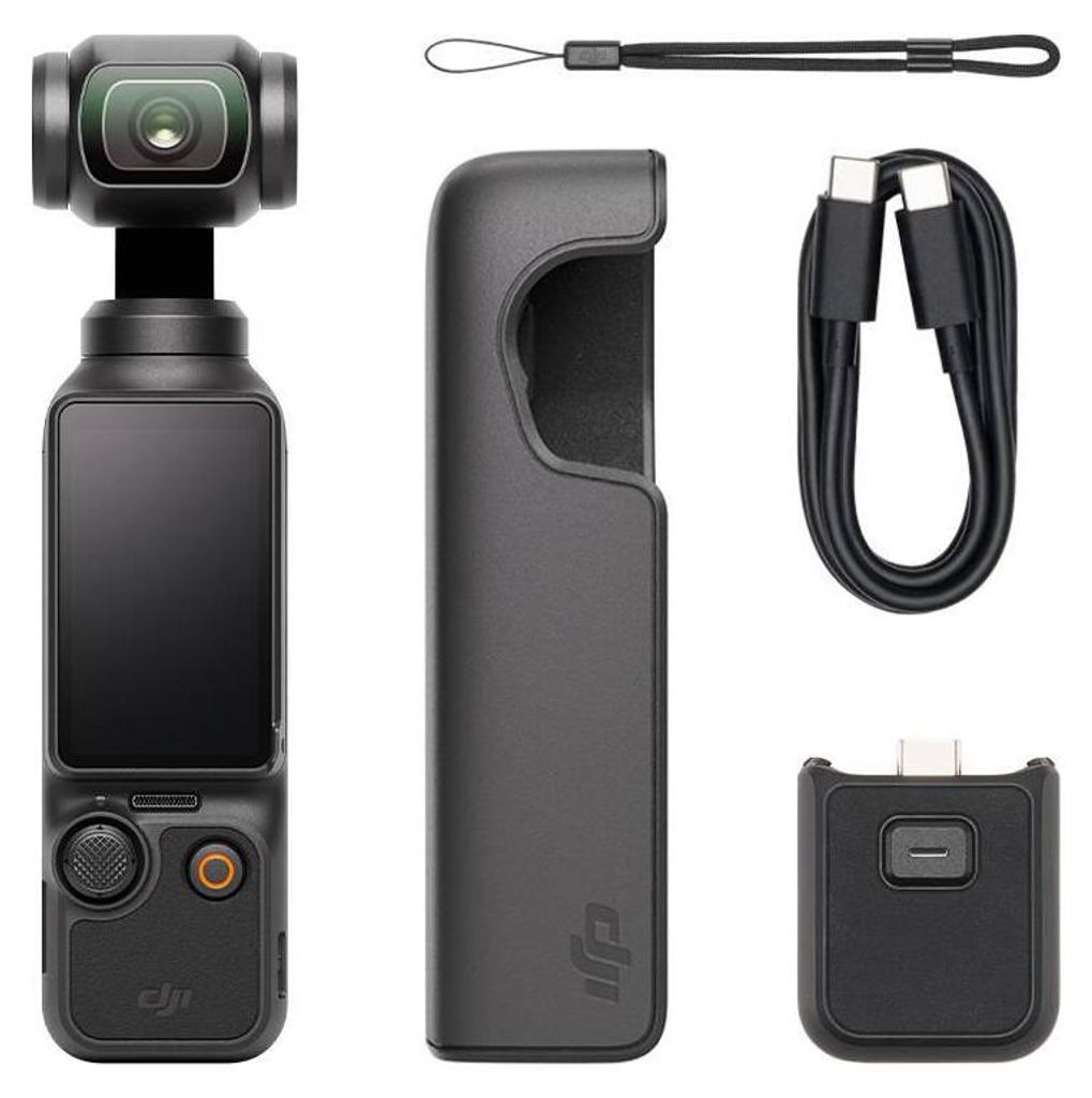 A flat lay of a DJI Osmo Pocket 3 gimbal camera and its accessories on a white background.
