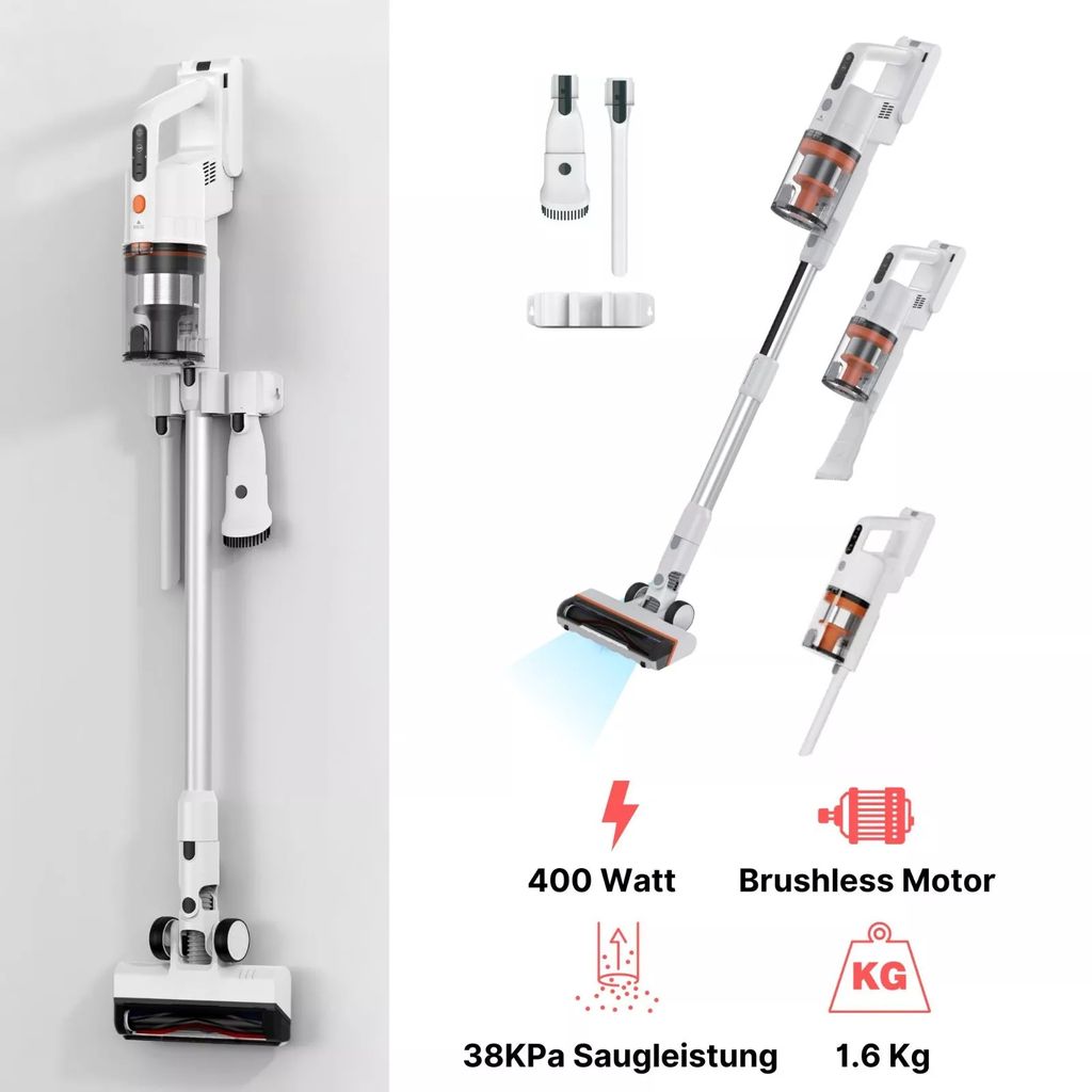 KB ELEMENTS Leichter kabelloser Staubsauger beutellos, Akku Staubsauger, 400 W