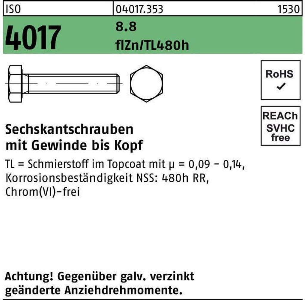 Sechskantschraube ISO 4017 VG M 16 x 35 8.8 zinkbesch. Gleitmittel flZnnc 480h-L