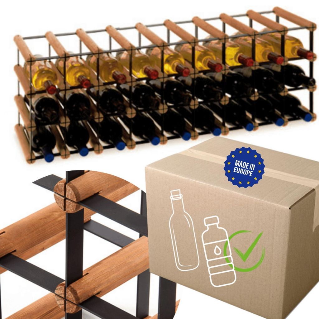 MODO24 Weinregal, 27 Flaschen, Flaschenhalter, Weinständer, Erweiterbar, Holz Metall, Industrial Loft, Küche, 32,5x92,5x25 cm, Braun, RW8