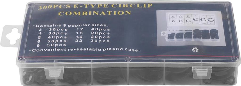 300 Stück schwarze Metall-E-Clips, E-Ring-Schaftsicherungsringe, Sortiment 3 mmšC22 mm, mit Box