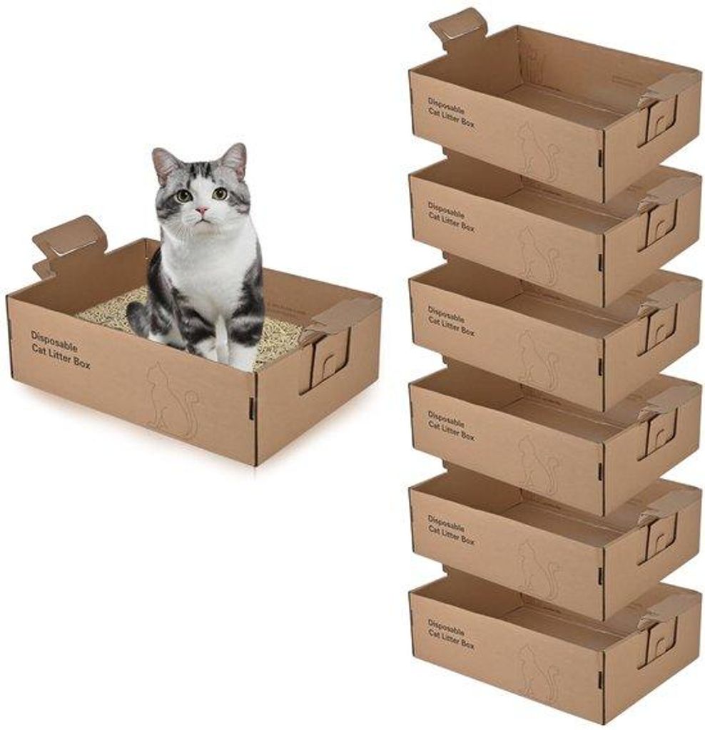 Set van 6 reisbare, opvouwbare, waterdichte, kartonnen kattenbakken, extra dikke, draagbare kattenbakken, groot, 44,1 cm x 31,2 cm x 13,7 cm
