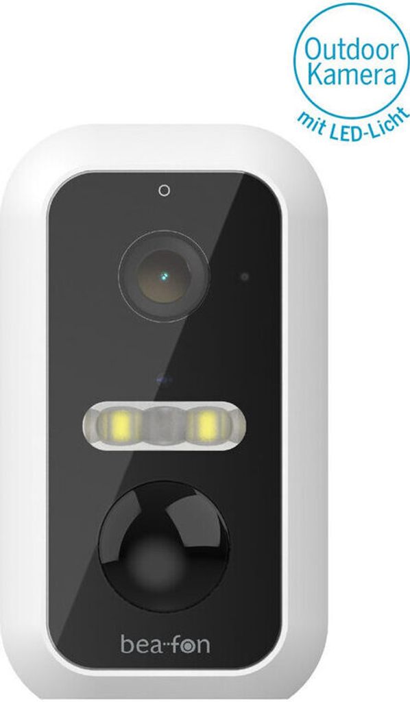 A white and black outdoor security camera with a lens, lights, and a button. Text overlays indicate it is an outdoor camera with LED light.
