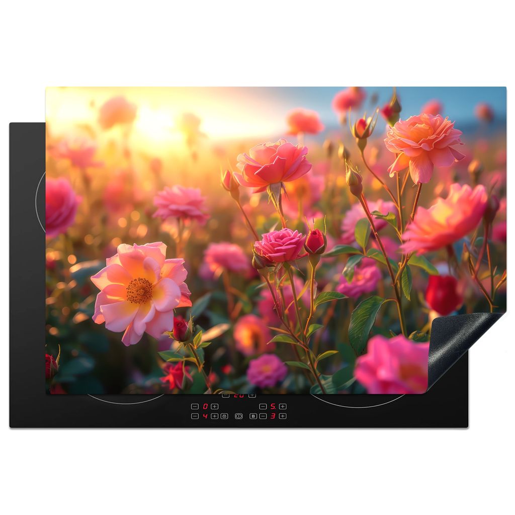 KitchenYeah Herdabdeckplatte Rosen - Blumen - Rosa , 76x51cm, Küche Deko, Glaskeramikkochfeld Herdabdeckung, Abdeckplatte fùr Kochfeld