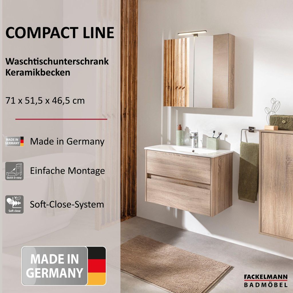 FACKELMANN COMPACT LINE Waschbecken mit Unterschrank 71 cm, Braun, Keramik Weiß, 2 Schubladen, Modernes Design für jedes Badezimmer