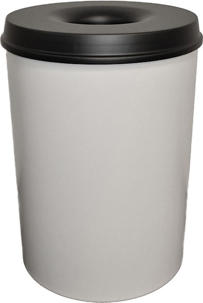 Selbstlöschender Papierkorb & Abfallsammler aus Metall | 30 Liter, HxØ 47x33,5cm | Grau, Kopfteil Schwarz