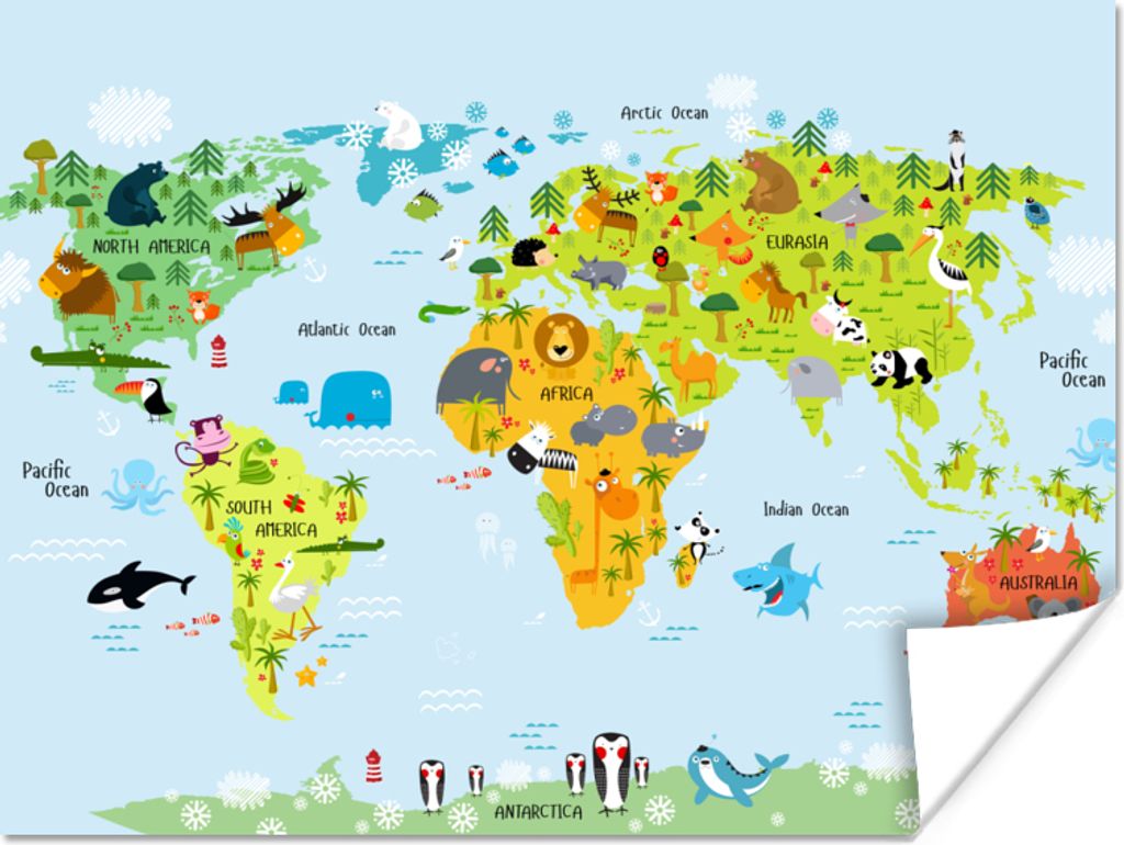 MuchoWow Poster Weltkarte - Kinder - Tiere - Natur - Jungen - Mädchen 80x60 cm - Kunst für zu Hause