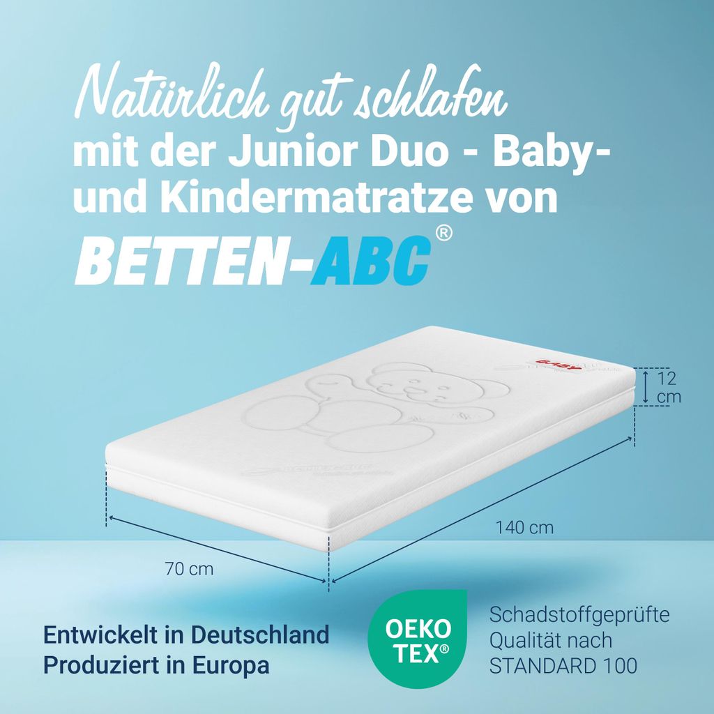 A mattress with dimensions and certifications shown against a light blue background.
