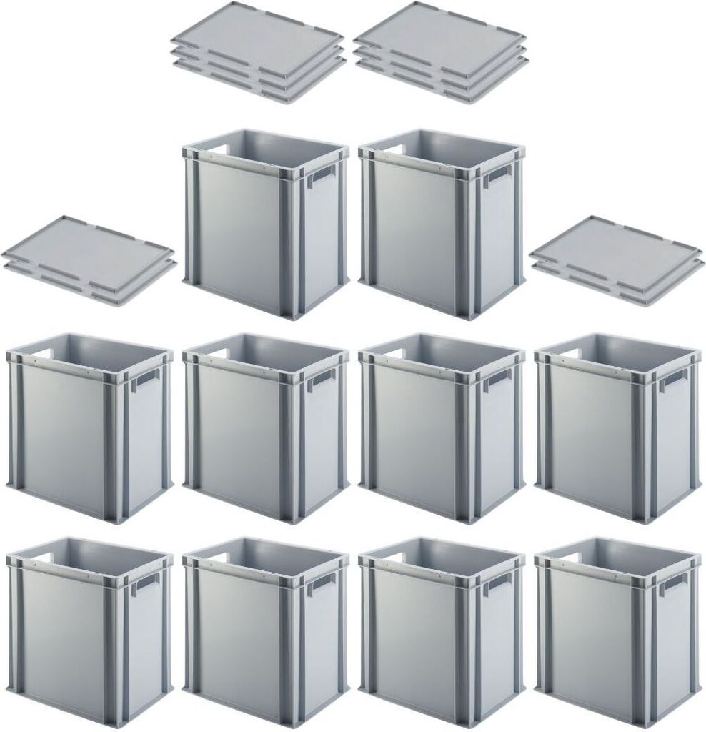 SuperSparSet 10x Eurobehälter mit offenem Griff & Auflagedeckel | HxBxT 40x30x40cm | 37 Liter | Grau | Eurobox, Transportbox, Transportbehälter, ...